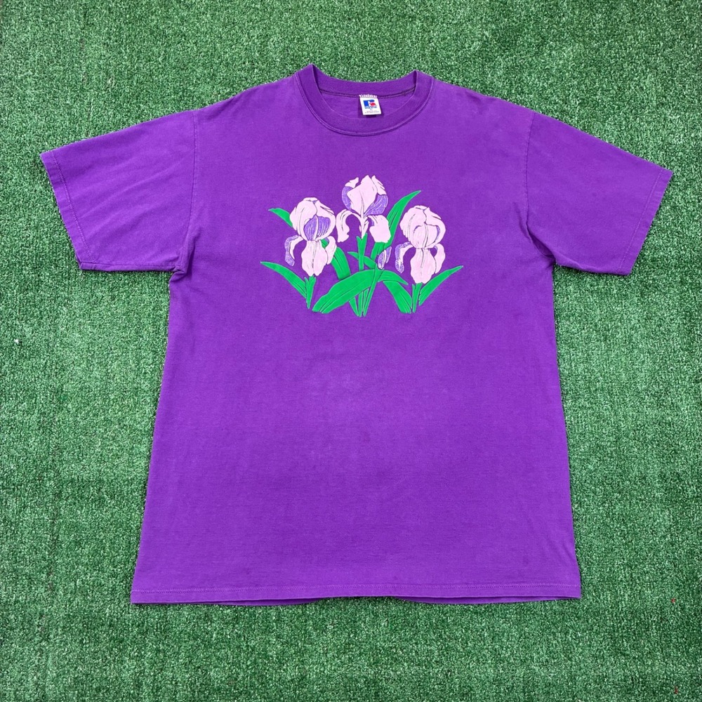 Vintage 90s Russell Athletic Iris Flower‎ Graphic T-shirt Purple XL